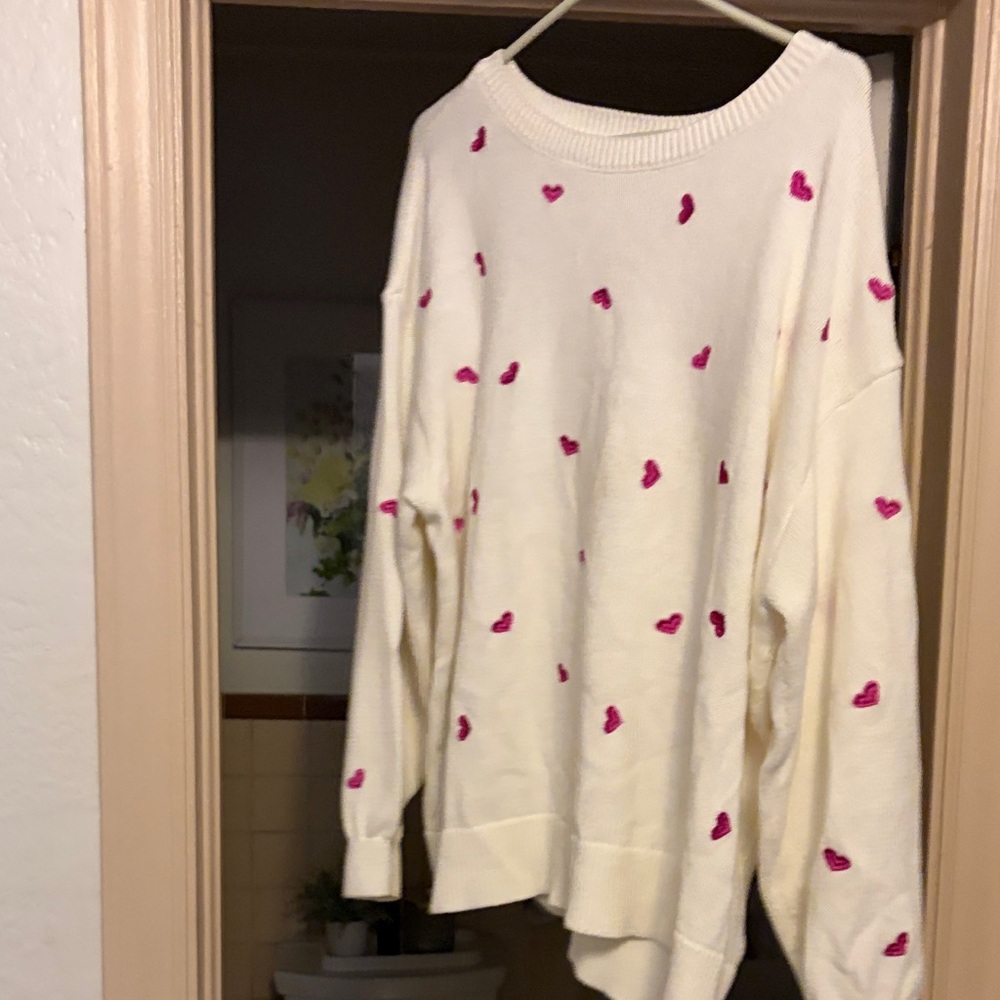 Terra & Sky Cream Scoop Neck Sweater with Pink Heart Accents